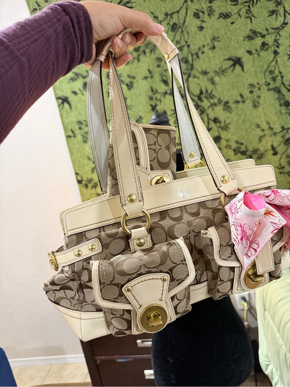Coach Beige Signature Canvas Shoulder Bag with Cream Trim and Pink Scarf